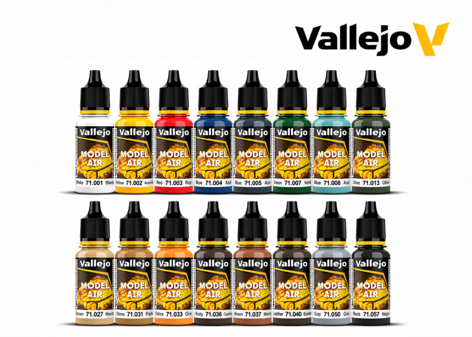 Vallejo Model Air Basic Colors 16 – selection of sixteen 18ml airbrush paint bottles in assorted colours
