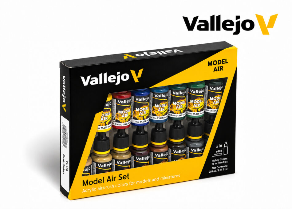 Vallejo Model Air Basic Colors 16 Paint Set – sixteen 18ml acrylic airbrush paints for scale models and miniatures.
