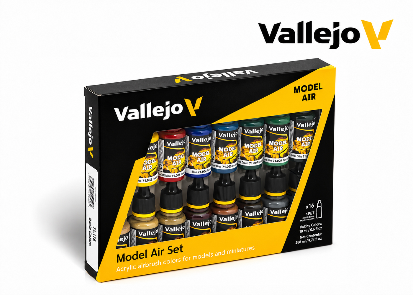 Vallejo Model Air Basic Colors 16 Paint Set – sixteen 18ml acrylic airbrush paints for scale models and miniatures.