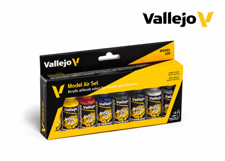 Vallejo Model Air Basic Colors Set with eight 18ml acrylic airbrush paints
