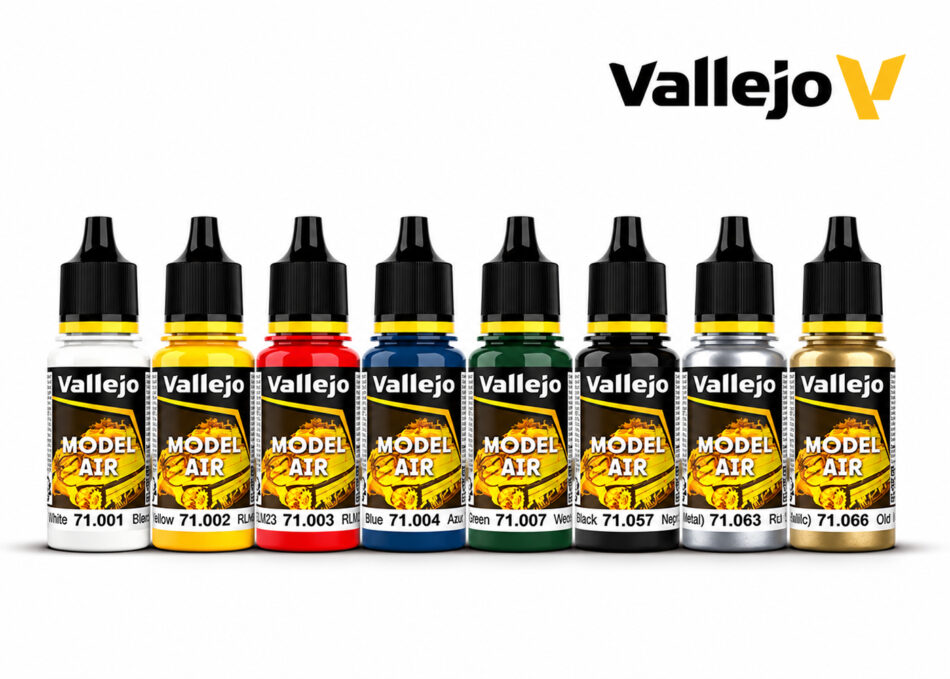 Vallejo Model Air Basic Colors Set featuring eight 18ml acrylic airbrush paint bottles in white, yellow, red, blue, green, black, silver and gold.