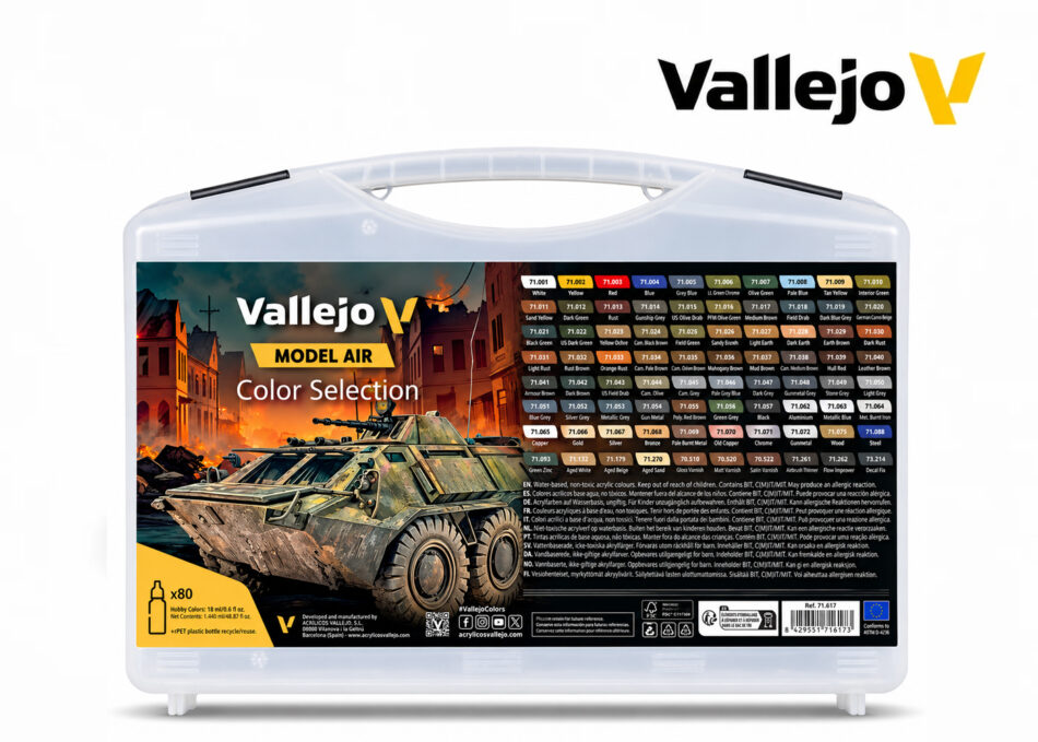 Vallejo Model Air Color Selection Case Set 71.171 – 80 x 18ml acrylic paints and auxiliaries in a plastic carry case.