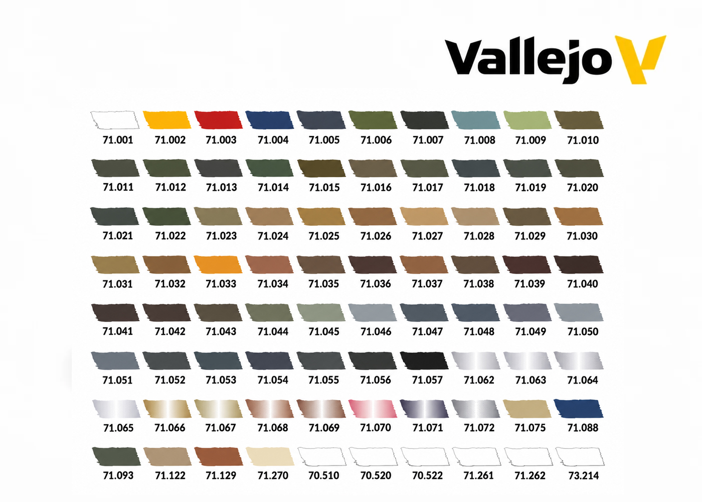 Vallejo Model Air Color Selection – colour chart showing 74 acrylic paint shades and six auxiliary products included in the set