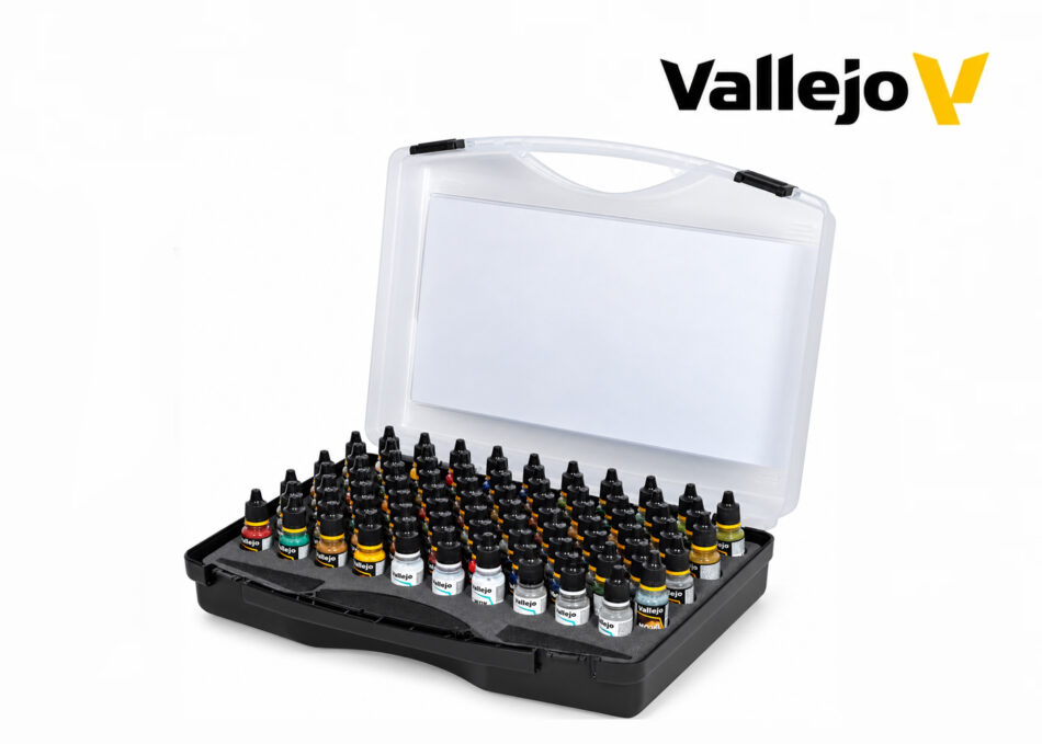 Vallejo Model Air Color Selection – open plastic carry case displaying 80 bottles of acrylic paints and auxiliaries