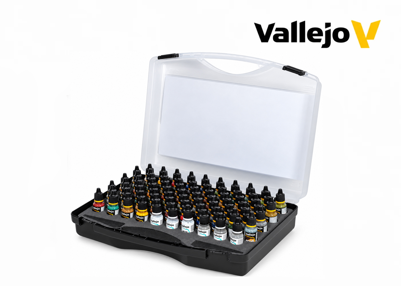 Vallejo Model Air Color Selection – open plastic carry case displaying 80 bottles of acrylic paints and auxiliaries