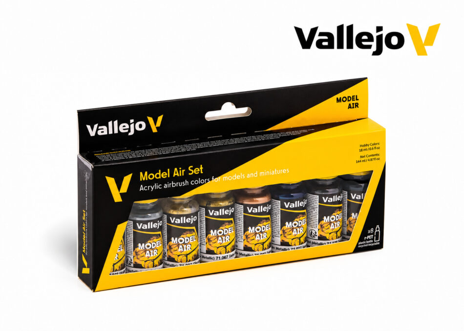 Vallejo Model Air Metallic Colors Paint Set – boxed set of eight 18ml metallic airbrush paints