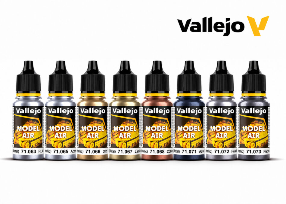 Vallejo Model Air Metallic Colors – eight 18ml metallic paint bottles showing the colours included in the set