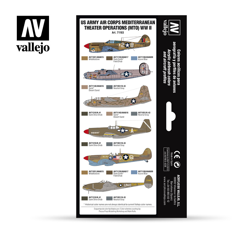 Vallejo Model Air Paint Set - US Army Air Corps Mediterranean Theater Operations (MTO) WWII - 71183-5147