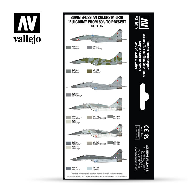 Vallejo Model Air Paint Set - Soviet/Russian Colors MiG-29 "Fulcrum" from 80's to Present - 71605-5158