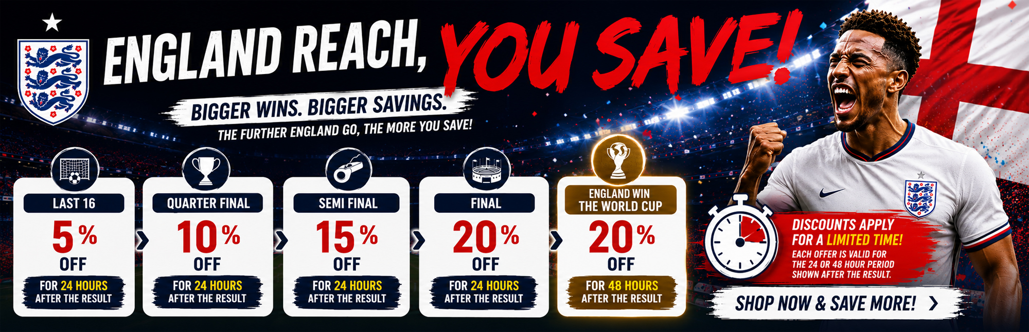 ⚽ England Reach, You Save! 🏆The Further England Go, The Bigger Your Discount  🎉