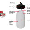 Iwata Big Mouth Cylinder Bottle 60ml showing key features including offset connector, leak-proof cap and raised air intake