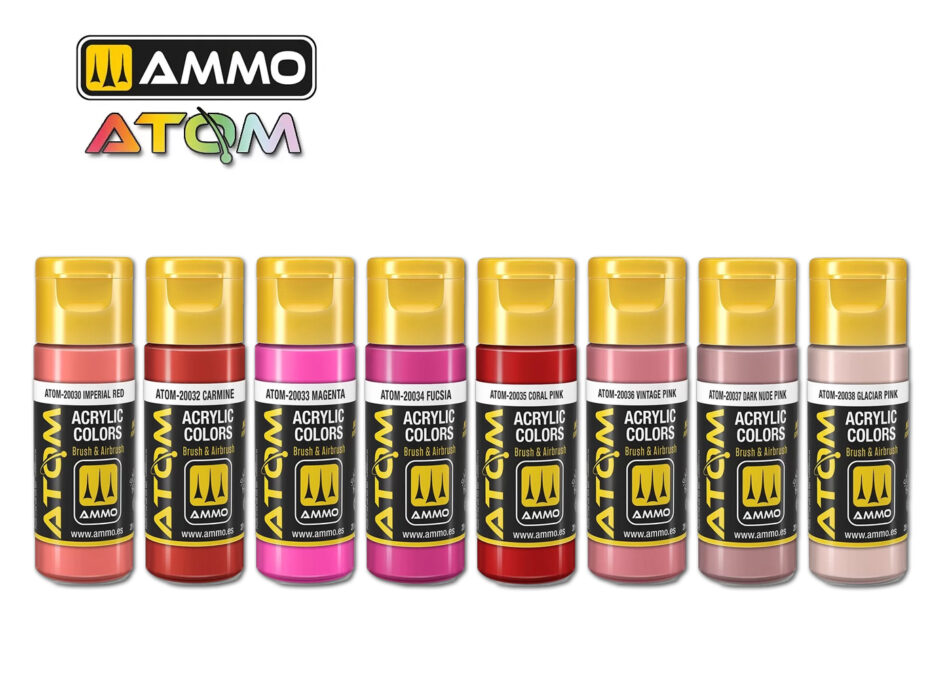 Eight carefully selected MIG ATOM acrylic paints for fantasy miniatures, figures, vibrant details and striking red and pink finishes.