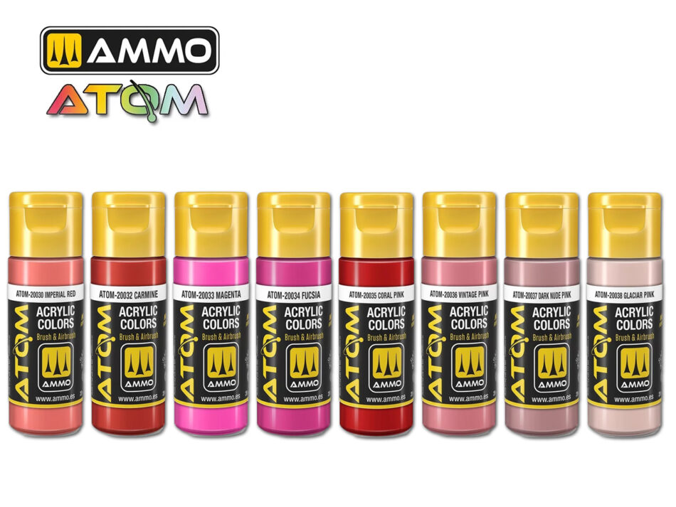 Eight carefully selected MIG ATOM acrylic paints for fantasy miniatures, figures, vibrant details and striking red and pink finishes.