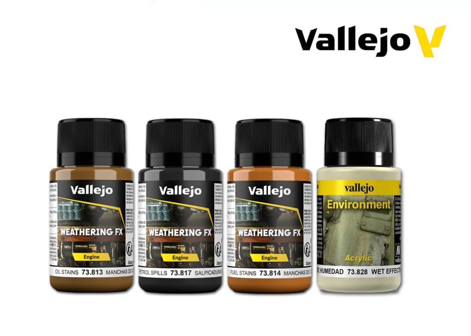 Vallejo Stains & Spills Bundle with four Vallejo Weathering FX 40ml weathering effects