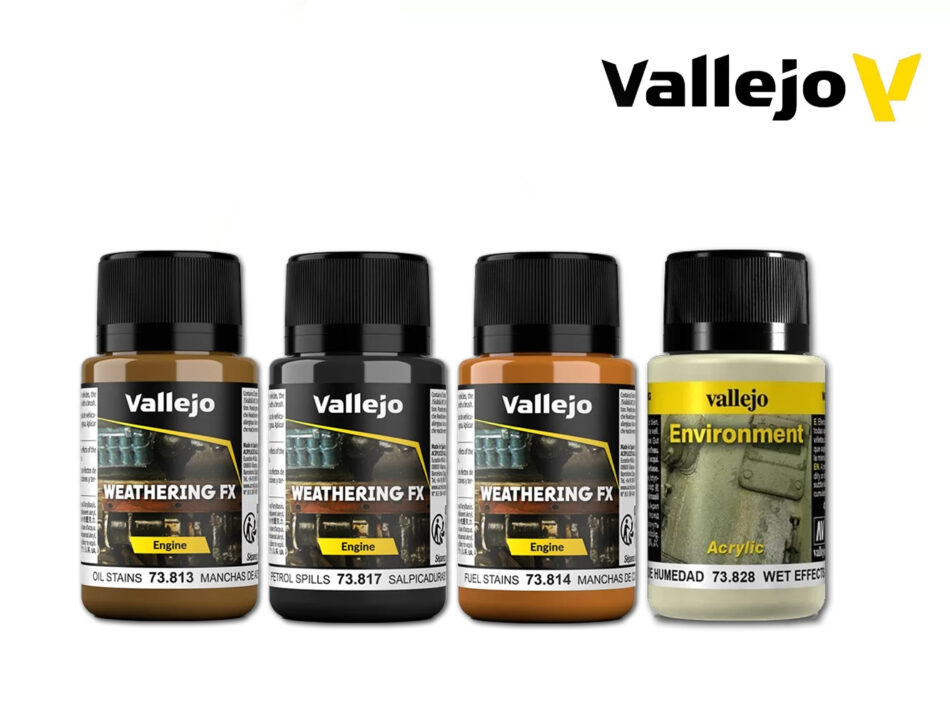 Vallejo Stains & Spills Bundle with four Vallejo Weathering FX 40ml weathering effects