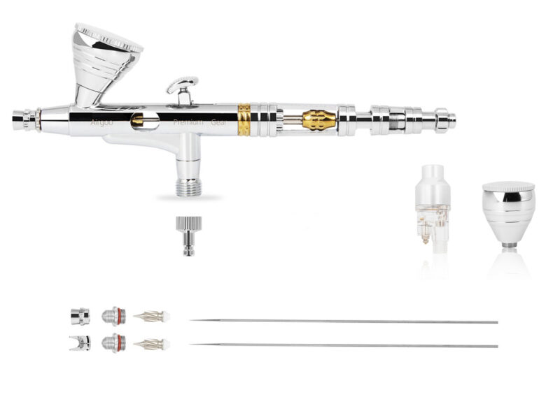 AirGoo AG-A1 Gear airbrush with included accessories and needle nozzle sets