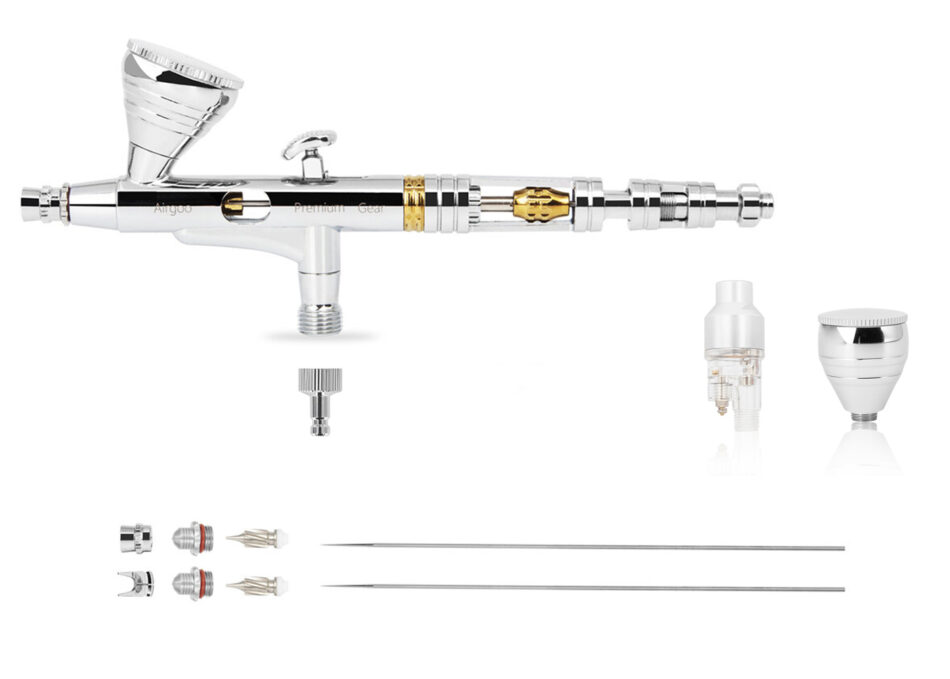 AirGoo AG-A1 Gear airbrush with included accessories and needle nozzle sets