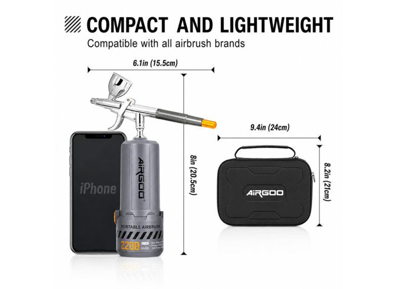 AirGoo cordless airbrush compressor and 116E airbrush with compact carry case