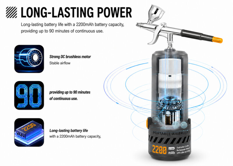AirGoo 2200mAh cordless airbrush compressor with brushless motor and up to 90 minutes runtime