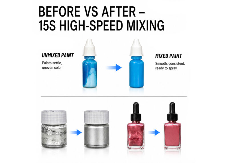Airgoo vortex paint mixer before and after results for acrylic, metallic and airbrush paints