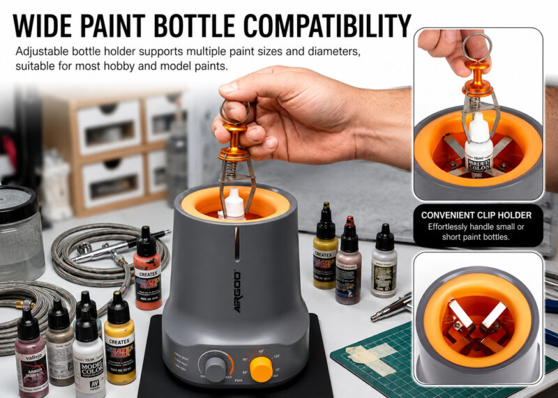Airgoo vortex mixer with adjustable bottle holder for airbrush, miniature and model paint bottles