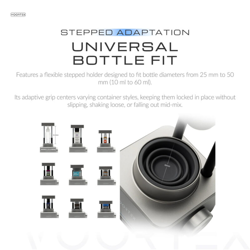 Universal bottle holder on the Gaahleri Voortex Automatic Paint Mixer fits hobby paint bottles