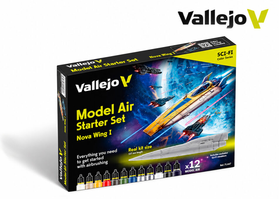 Vallejo Model Air Starter Set 71.647 – twelve 18ml bottles with Nova Wing I sci-fi miniature