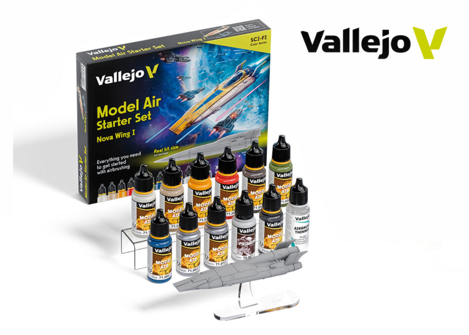 Model Air Starter Set contents – Vallejo acrylic paints, primer, thinner and spacecraft painting project