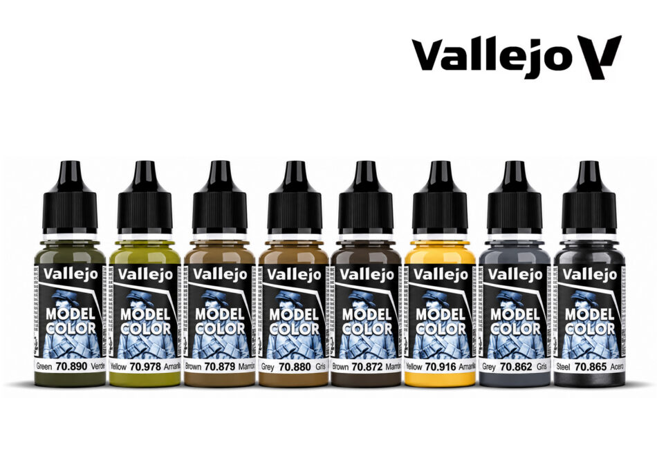 Eight Vallejo Model Color 18ml acrylic paint bottles included in the Panzer Colors 70108 set, featuring camouflage greens, browns, yellows, Black Grey and Oily Steel for painting WWII German military vehicles.